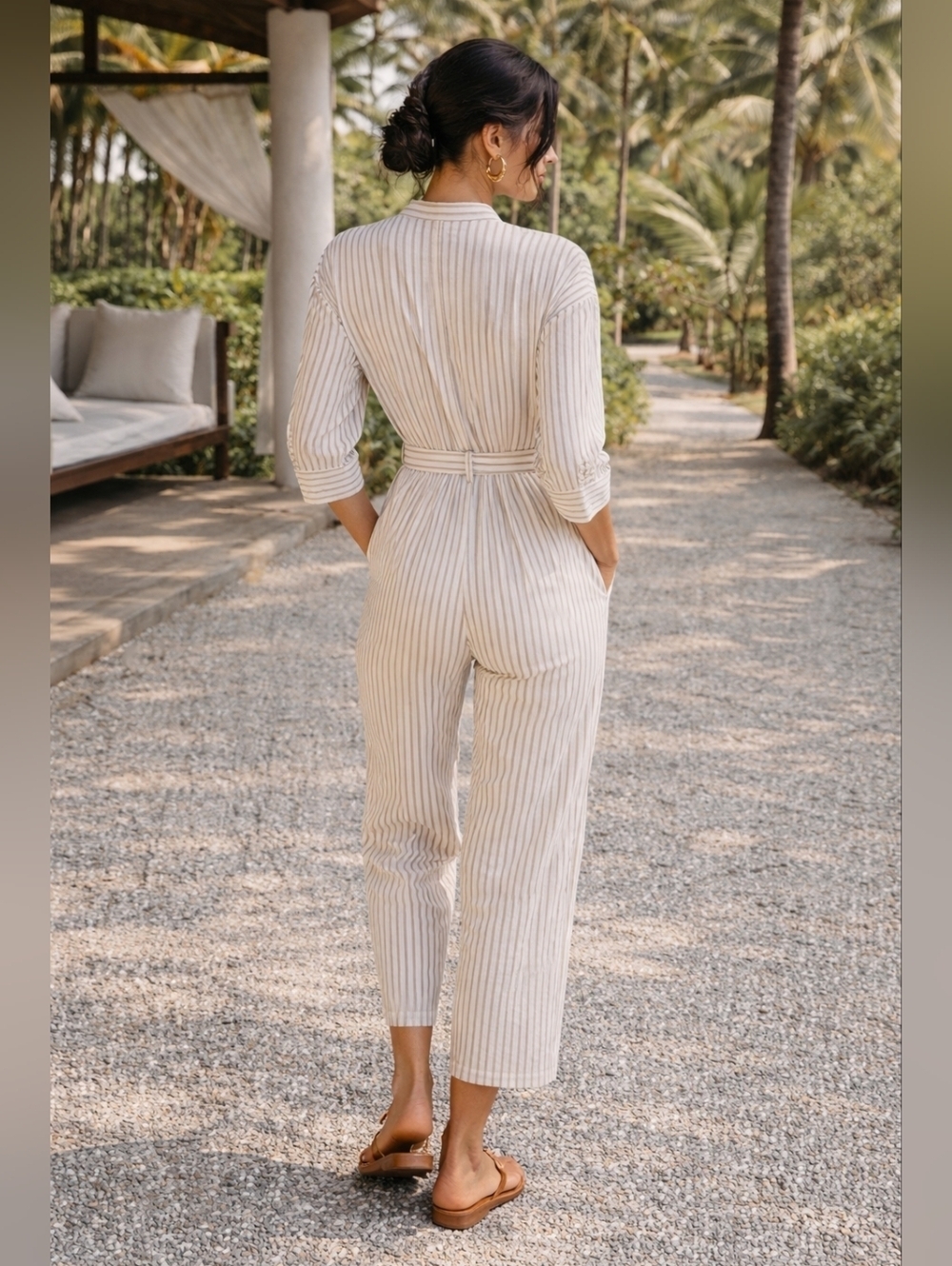 Club Monaco Striped Tencel Jumpsuit  Khaki White Size 00 Luxe NEW - Picture 3 of 7